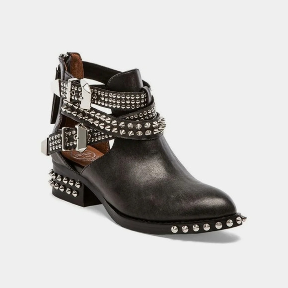 Jeffrey Campbell Everly Silver Spike  Embellished Buckle Boots Black Washed Sz 7 - Picture 1 of 11